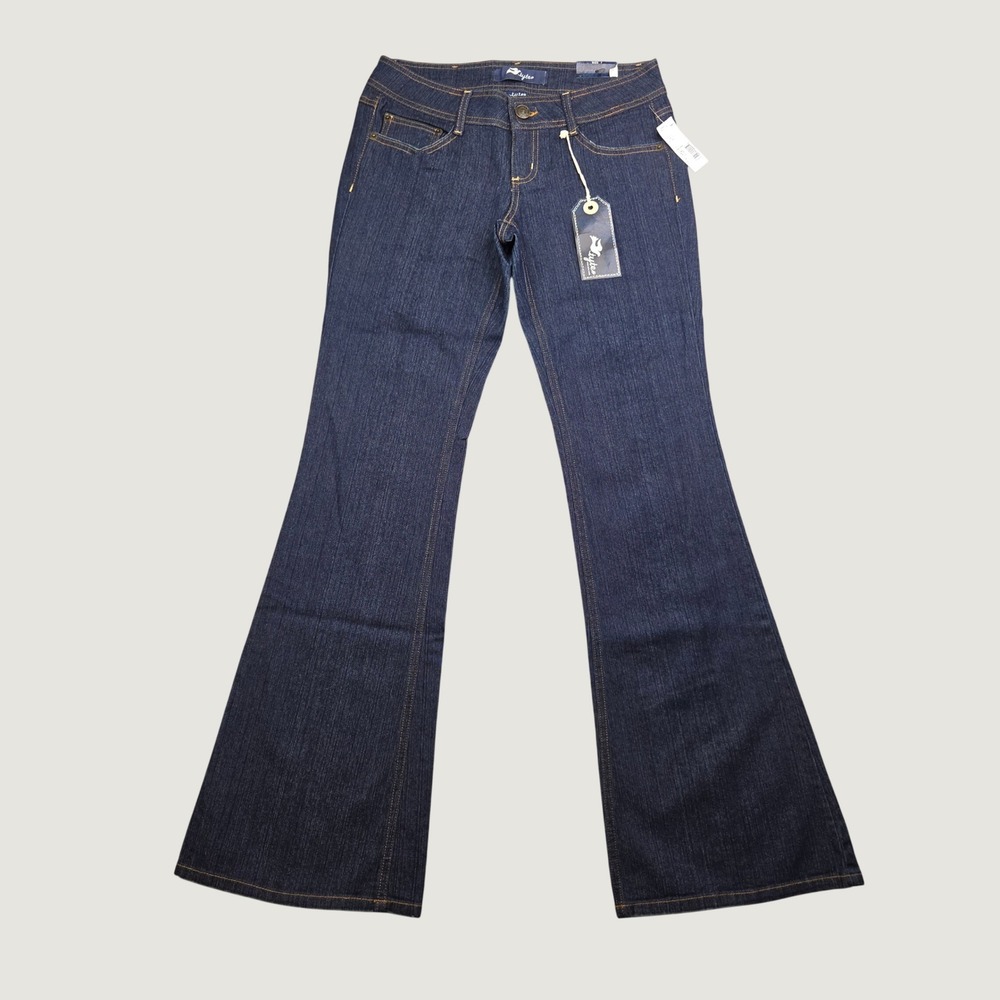 Tyte Jeans Fit & Flare Juniors 7 Blue Dark Wash Y2K Low Rise Bell Bottoms NWT